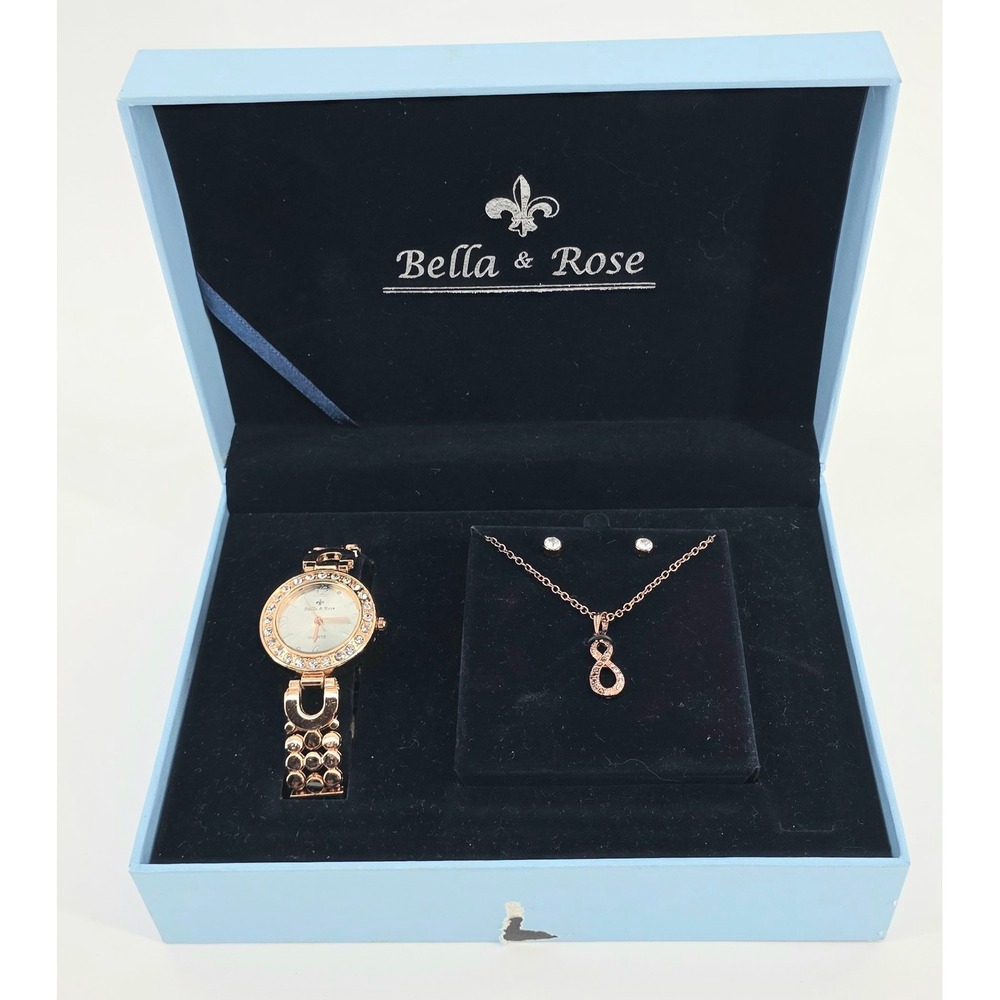Bella & Rose Elegant Womens Rose Gold Tone Watch Necklace Earring Jewelry Set